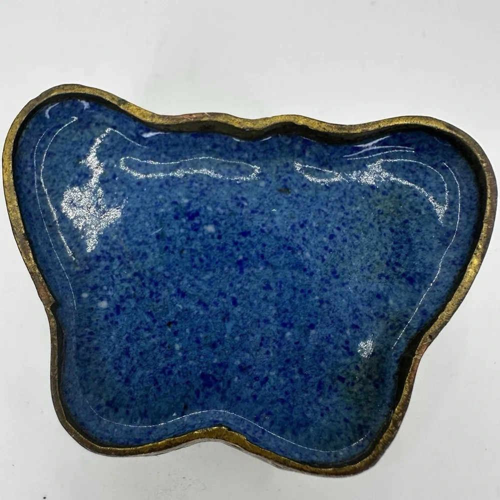 Cloisonné Enamel On Brass Butterfly Shape Trinket Pill Box Multi Color‎ Vintage